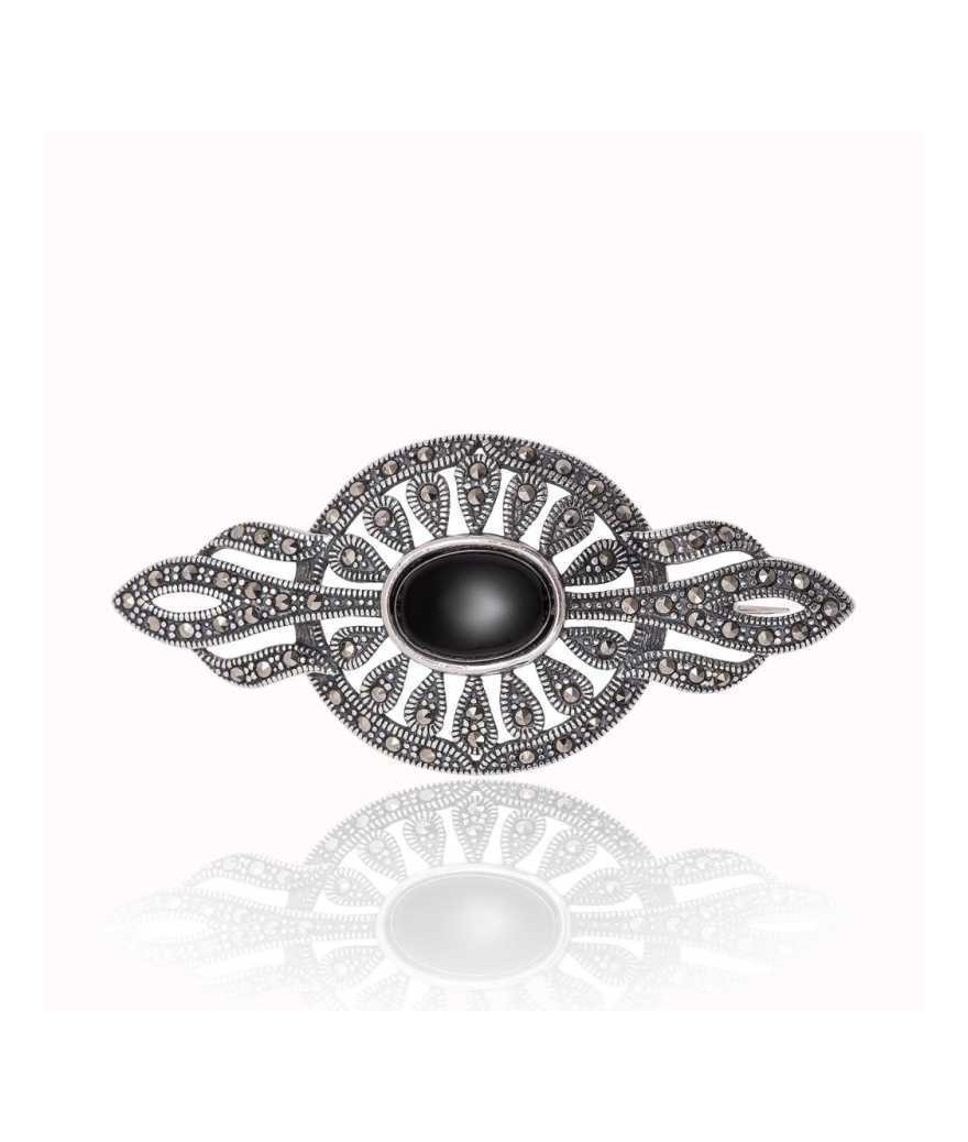 Gümüş Markazit ve Oniks Taşlı Broş