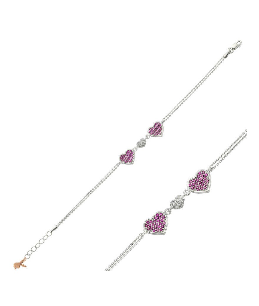 Gümüş Pembe Kalpli Bayan Bileklik