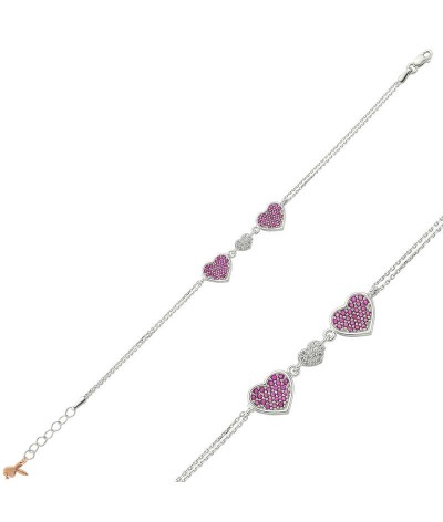 Gümüş Pembe Kalpli Bayan Bileklik