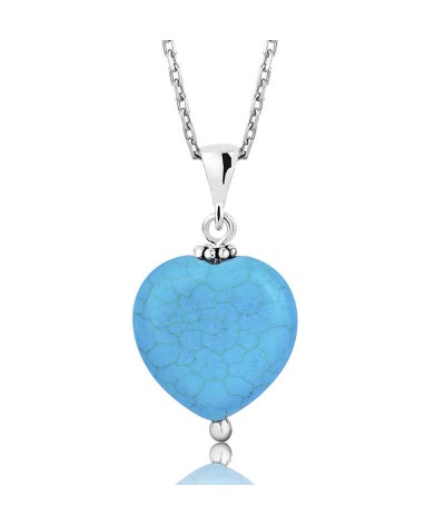 Gümüş Turkuaz Taşlı Kalp Bayan Kolye