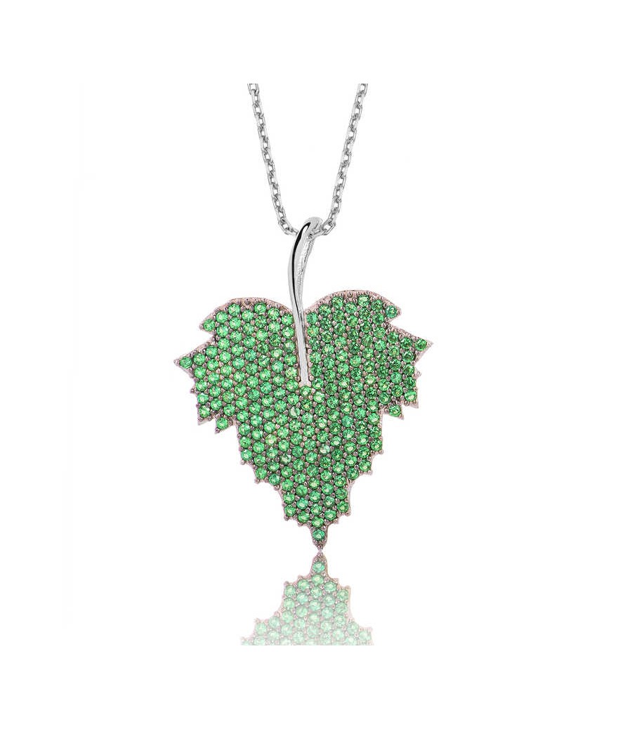 Gümüş Yeşil Yaprak Bayan Kolye
