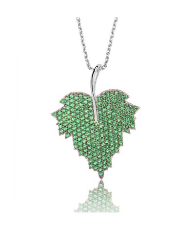 Gümüş Yeşil Yaprak Bayan Kolye