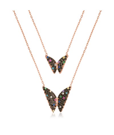 Gümüş Çift Zincirli Kelebek Kolye