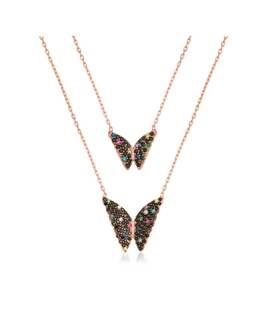 Gümüş Çift Zincirli Kelebek Kolye