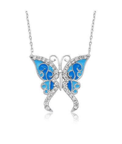 Gümüş Mavi Kelebek Bayan Kolye