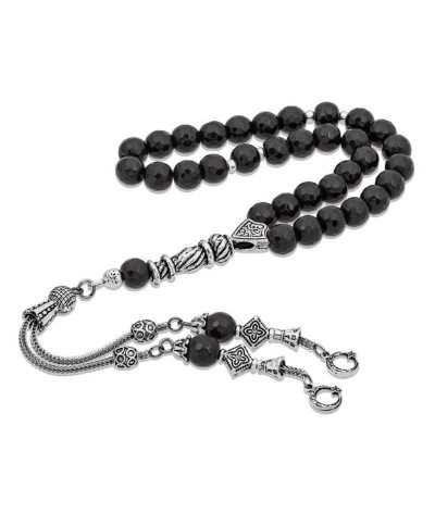 Doğaltaş Metal Püsküllü Oniks Kesme Taşı Tesbih