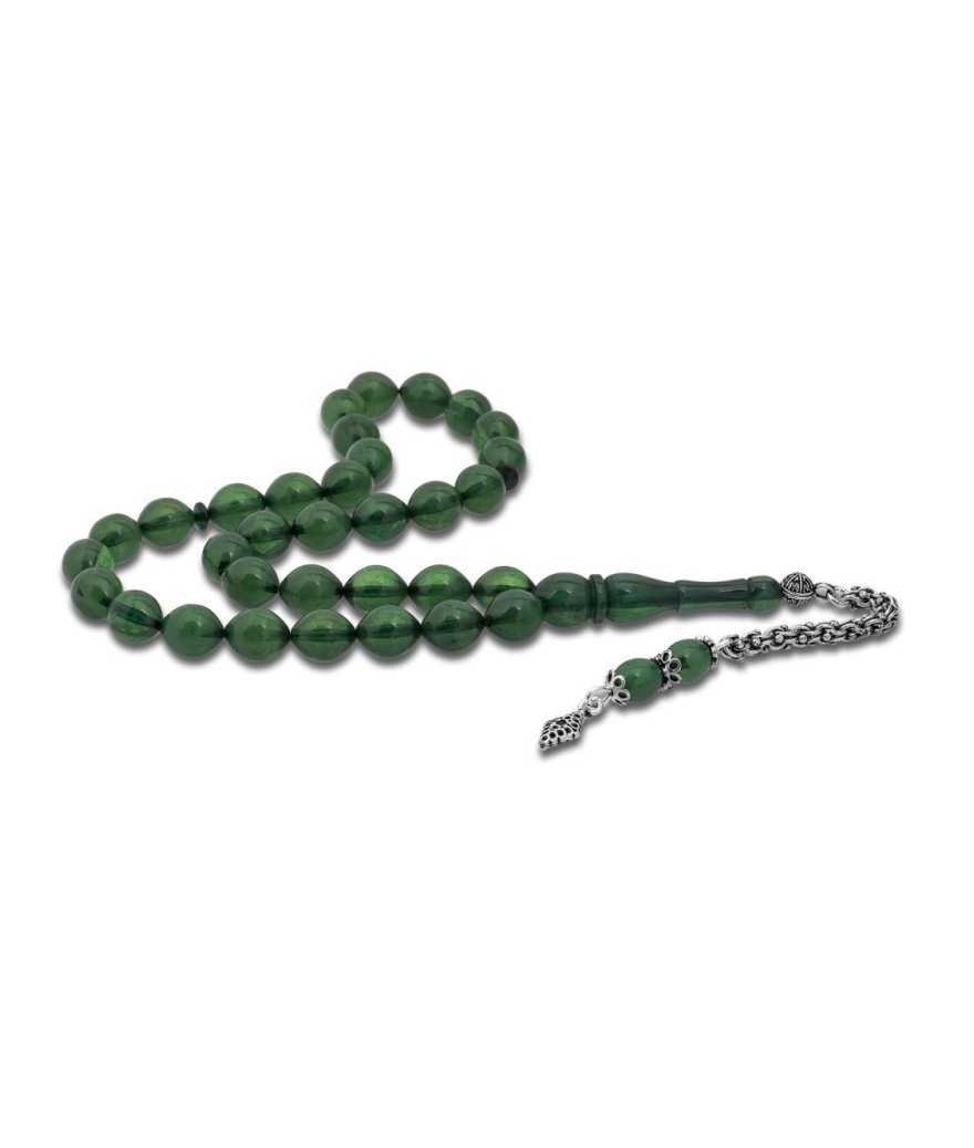 Gümüş Püsküllü Yeşil Toz Kehribar Tesbih