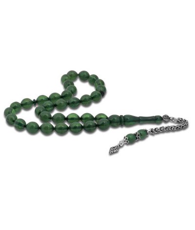 Gümüş Püsküllü Yeşil Toz Kehribar Tesbih