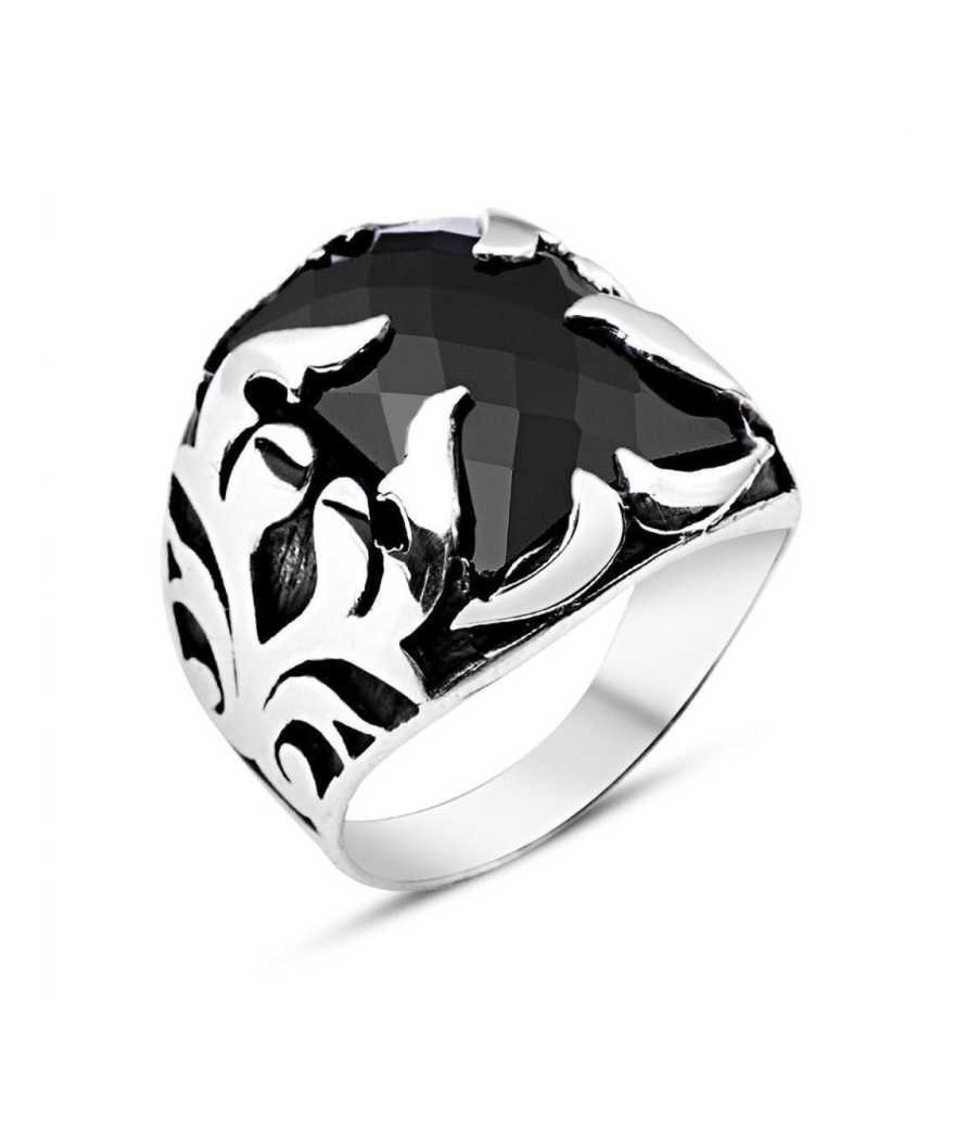 Gümüş Siyah Taşlı Alev Erkek Yüzük