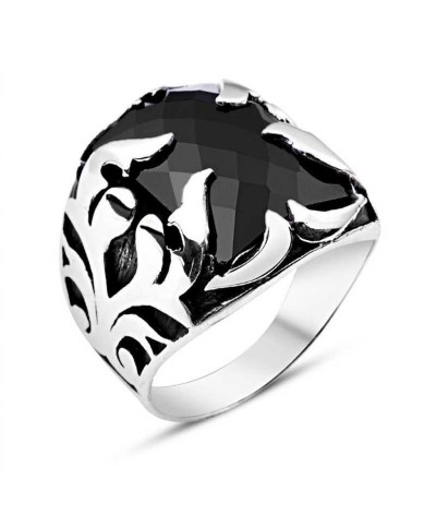 Gümüş Siyah Taşlı Alev Erkek Yüzük