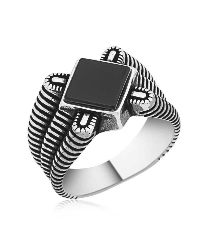 Gümüş Siyah Taşlı Erkek Yüzük