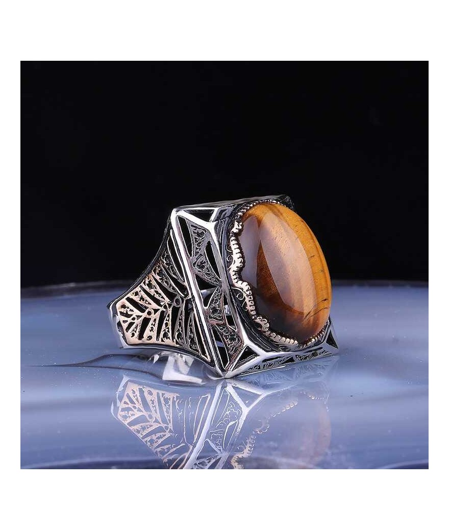 Gümüş Kaplangözü Taşlı Kare Erkek Yüzük