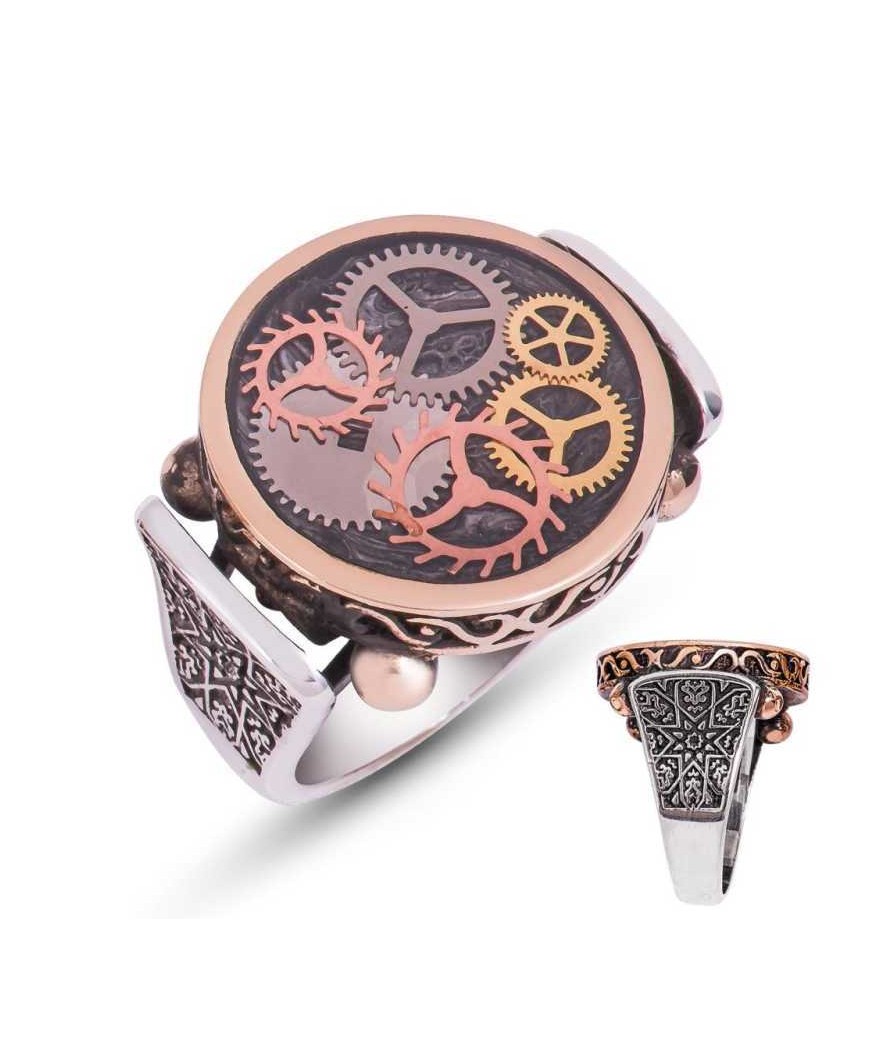 Gümüş Gri Saat Çarkı Erkek Yüzük