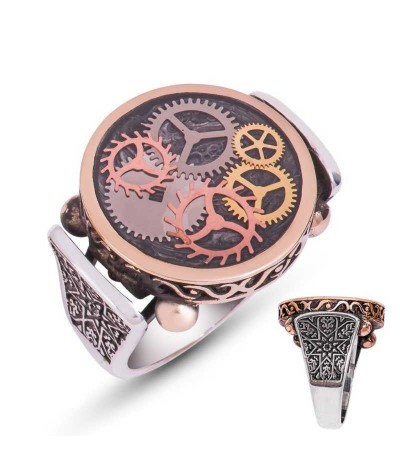 Gümüş Gri Saat Çarkı Erkek Yüzük