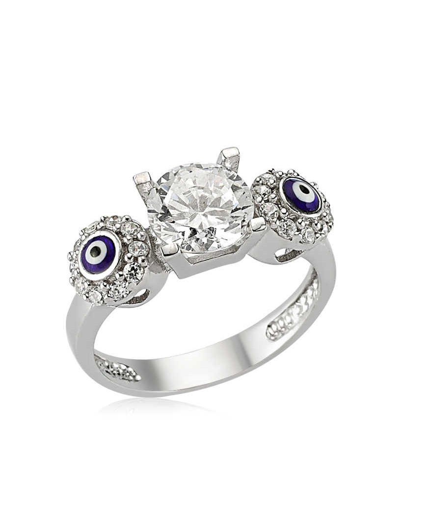 Gümüş Tek Taş Nazarlı Bayan Yüzük