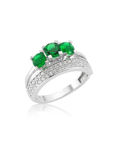 Gümüş Yeşil Üç Taş Tria Bayan Yüzük