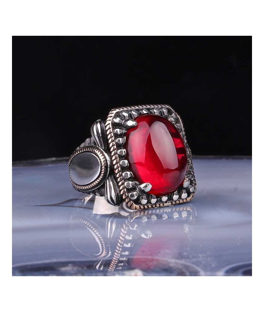 ​Gümüş Kırmızı Zirkon Taşlı Erkek Yüzük