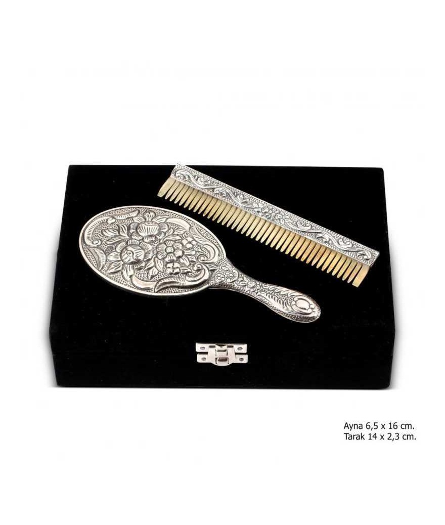 Manolya Motifli Ayna Tarak Gümüş Set