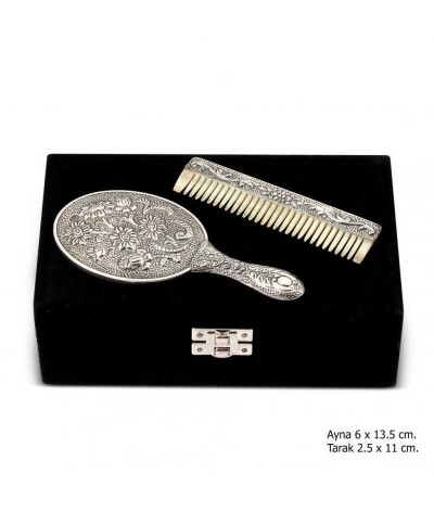 Papatya Motifli Ayna Tarak Gümüş Set