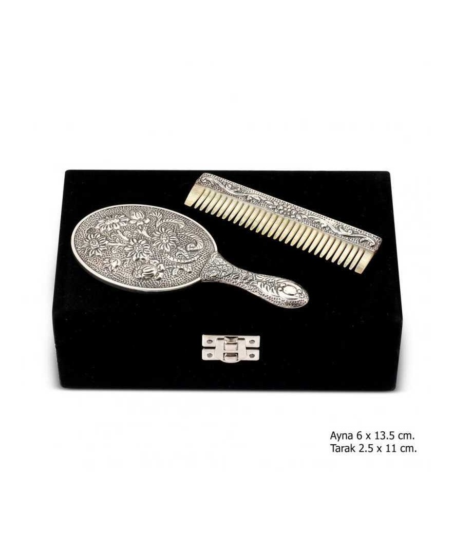 Papatya Motifli Ayna Tarak Gümüş Set