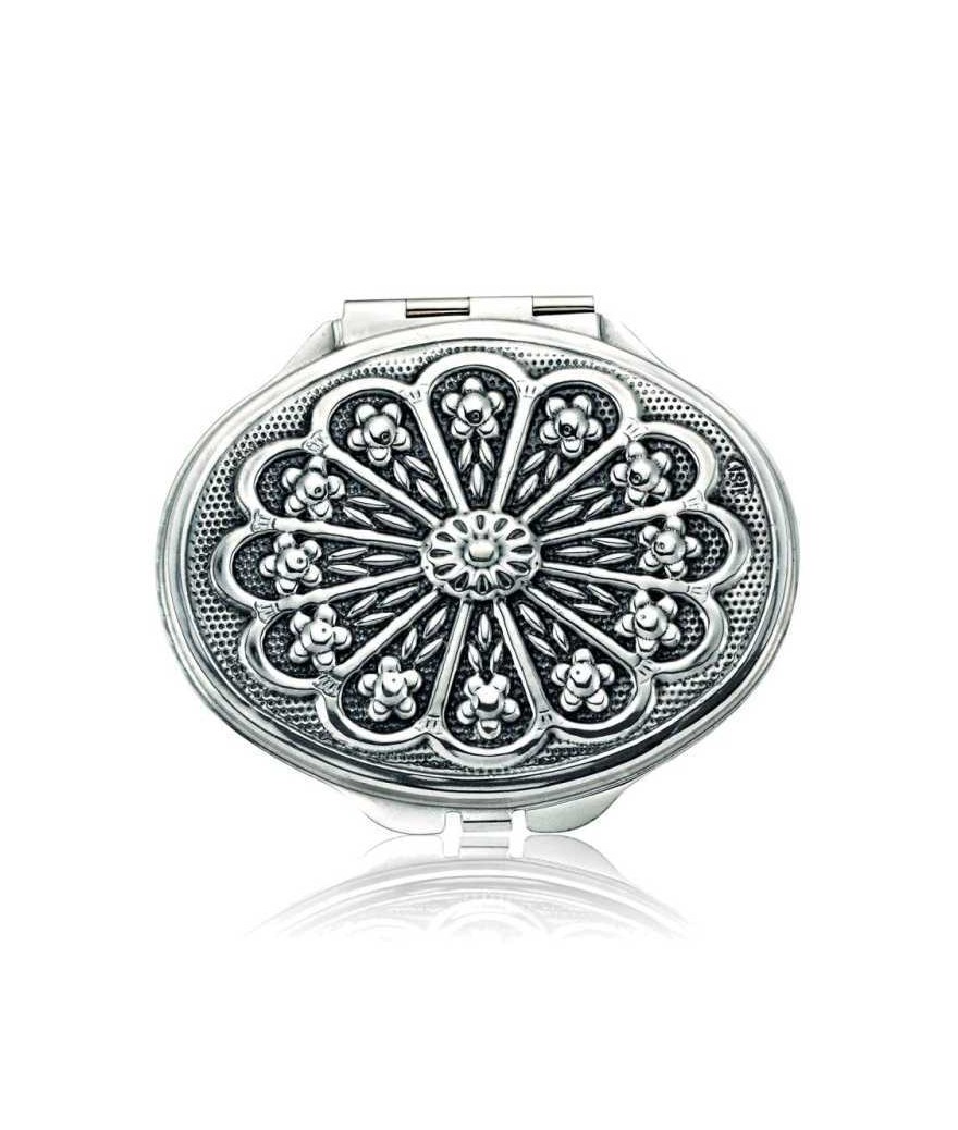 Gümüş Papatya Motifli Kapaklı Oval El Aynası