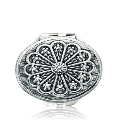 Gümüş Papatya Motifli Kapaklı Oval El Aynası