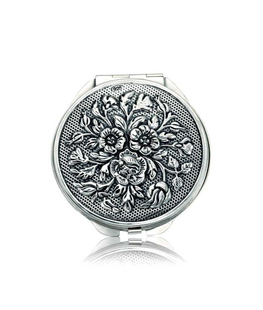 Gümüş Gül Motifli Kapaklı Yuvarlak El Aynası