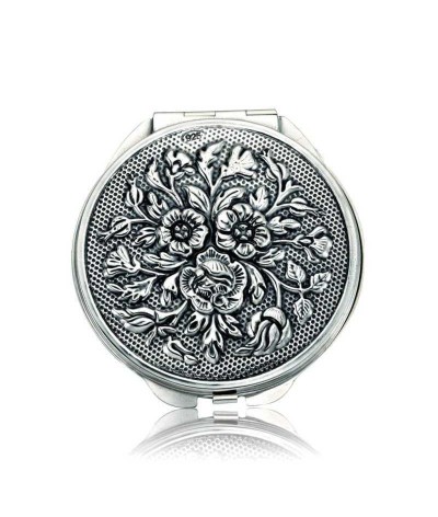 Gümüş Gül Motifli Kapaklı Yuvarlak El Aynası