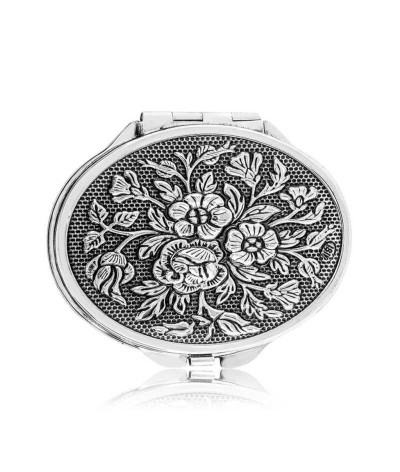 Gümüş Gül Motifli Kapaklı Oval El Aynası