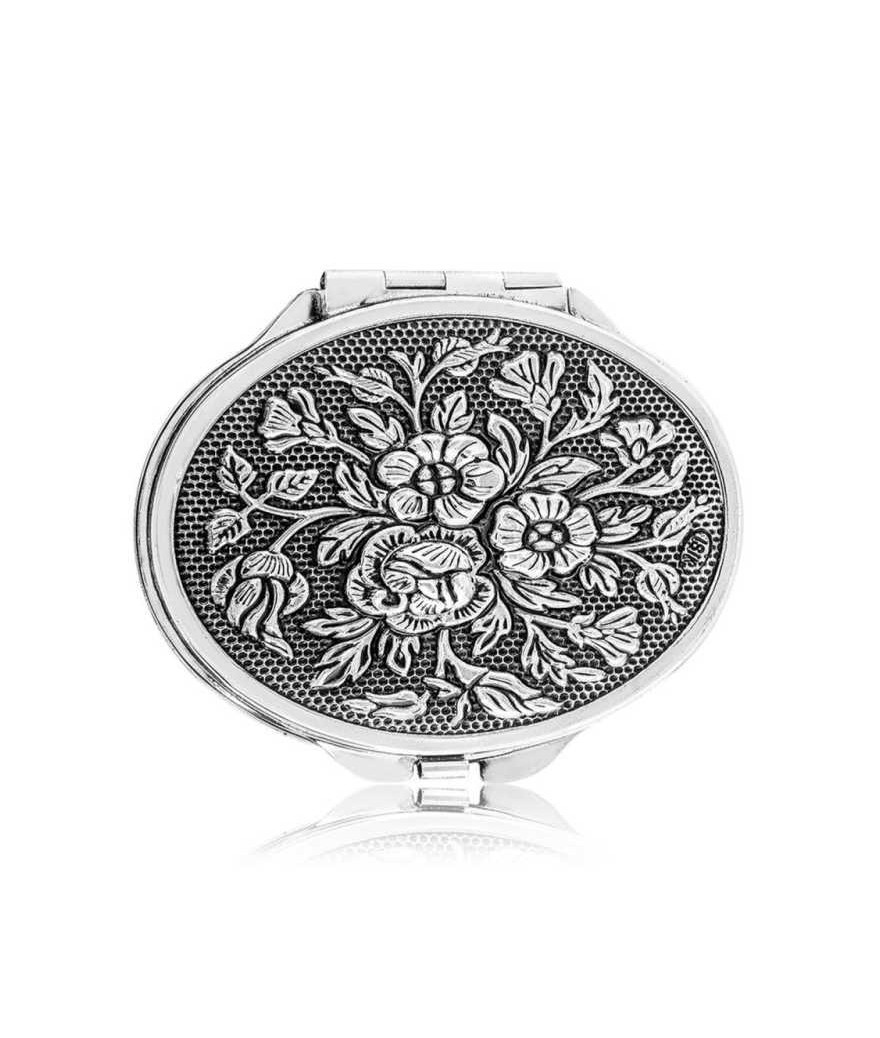 Gümüş Gül Motifli Kapaklı Oval El Aynası