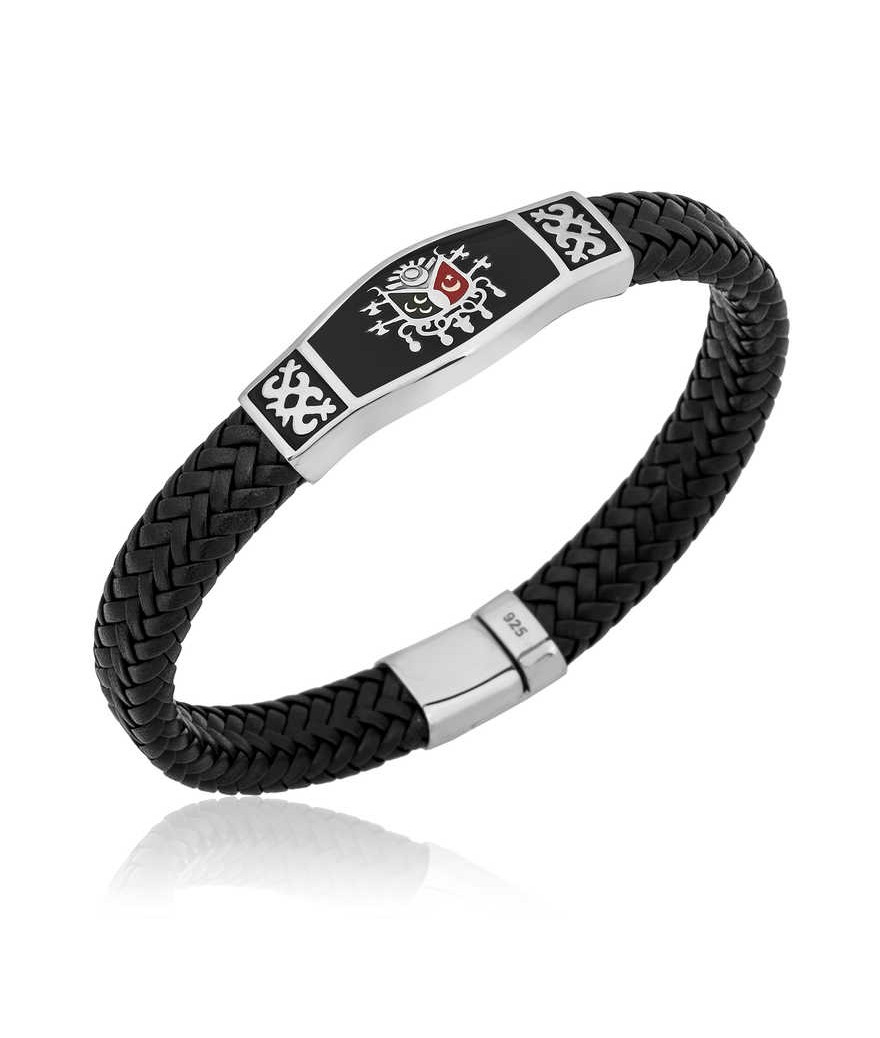 Gümüş Osmanlı Devlet Armalı Orjinal Deri Erkek Bileklik