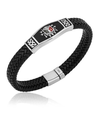 Gümüş Osmanlı Devlet Armalı Orjinal Deri Erkek Bileklik