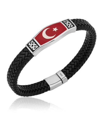 Gümüş Derili Ay Yıldız Erkek Bileklik