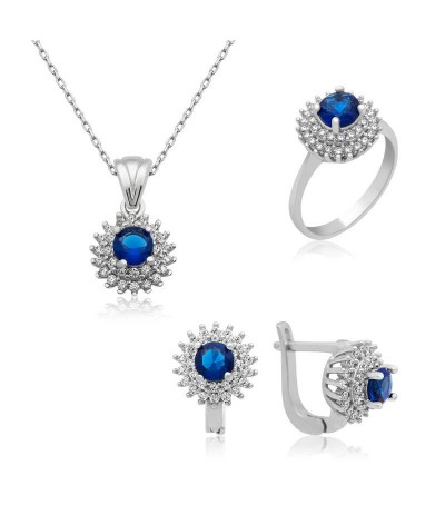 Gümüş Mavi Zirkon Taşlı Bayan Set