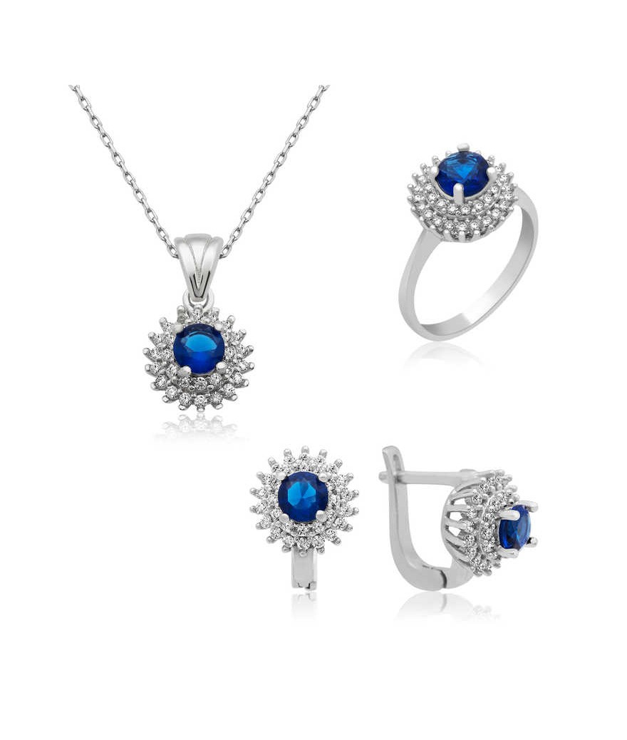Gümüş Mavi Zirkon Taşlı Bayan Set