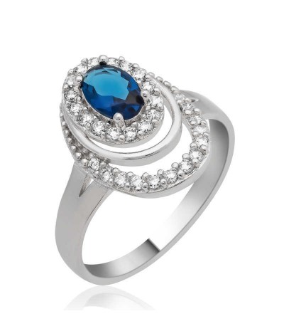 Gümüş Mavi Taşlı Oval Bayan Yüzük