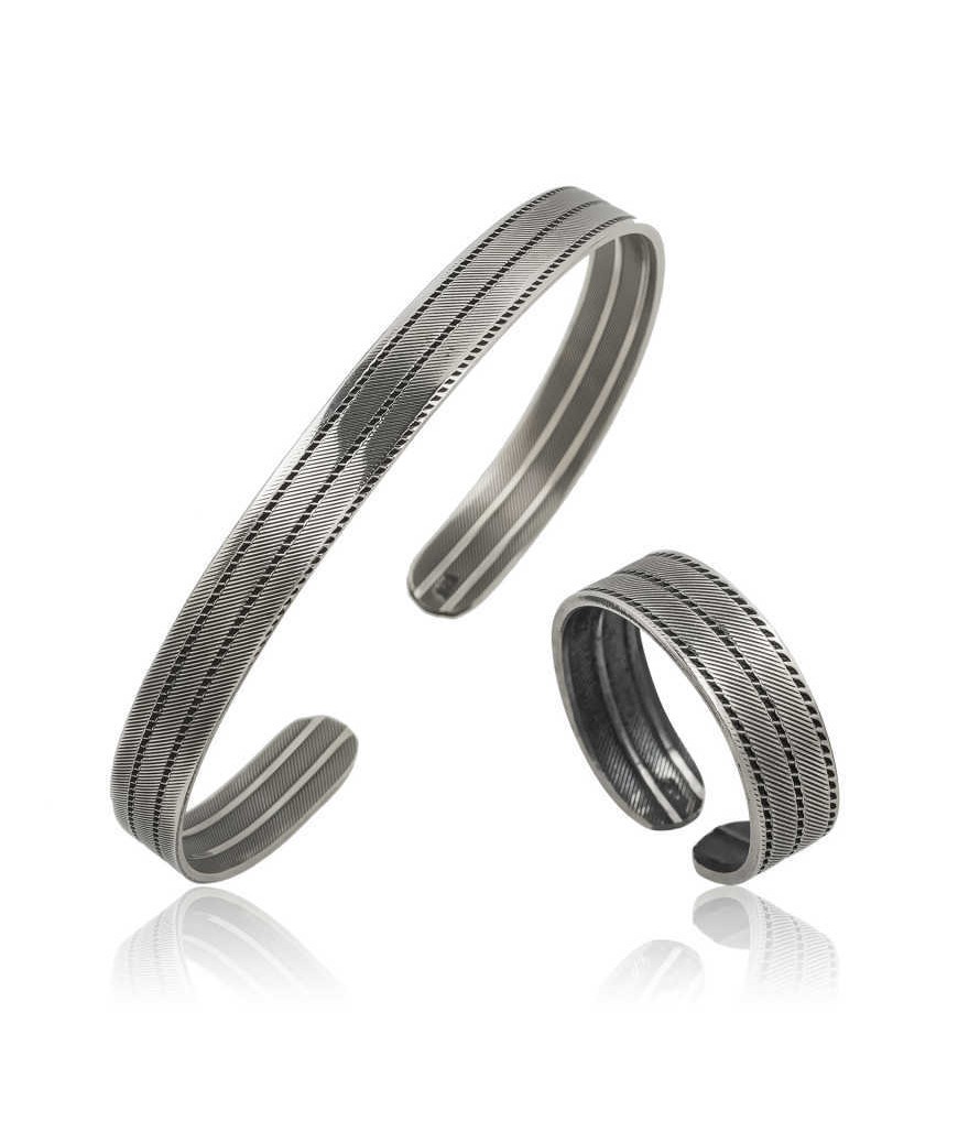 Gümüş Çizgi Desenli Bileklik Ve Yüzük Set