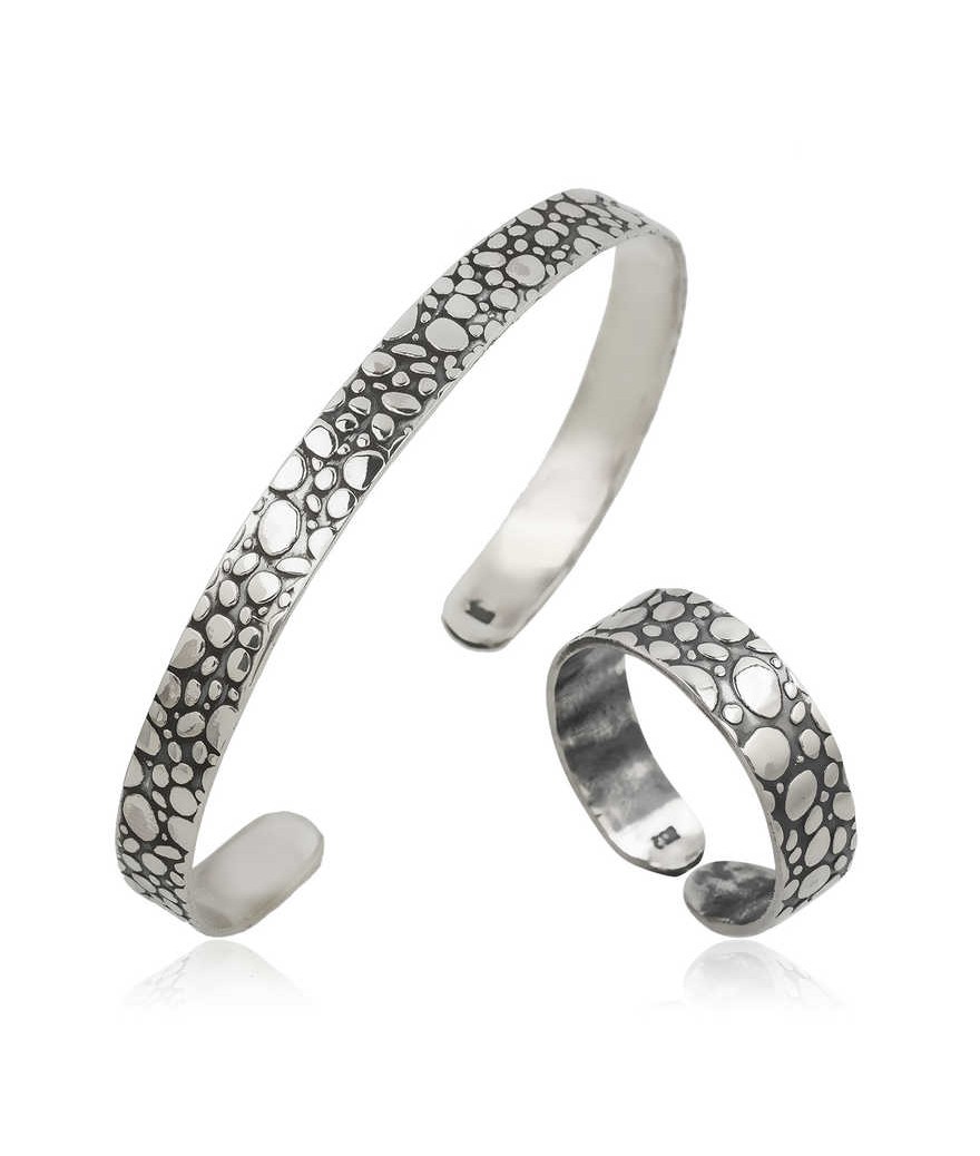 Gümüş Damla Desenli Bileklik Ve Yüzük Set