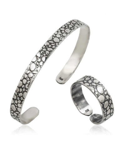 Gümüş Damla Desenli Bileklik Ve Yüzük Set