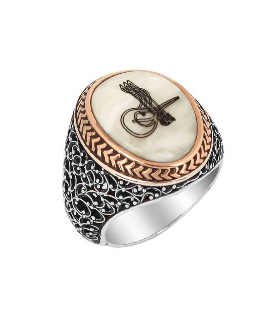 Gümüş Sedef Üzeri Tuğralı Erkek Yüzük