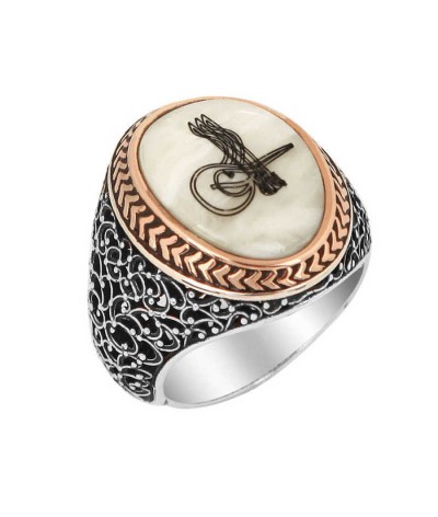 Gümüş Sedef Üzeri Tuğralı Erkek Yüzük