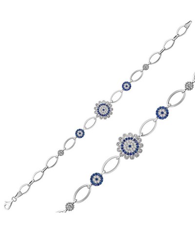 Gümüş Nazarlı Çiçek Bayan Bileklik