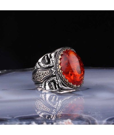 ​Gümüş Kehribar Taşlı Oval Erkek Yüzük