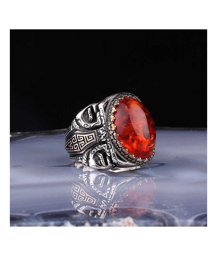 ​Gümüş Kehribar Taşlı Oval Erkek Yüzük