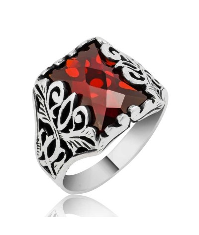 Gümüş Kırmızı Kesme Taşlı Erkek Yüzük