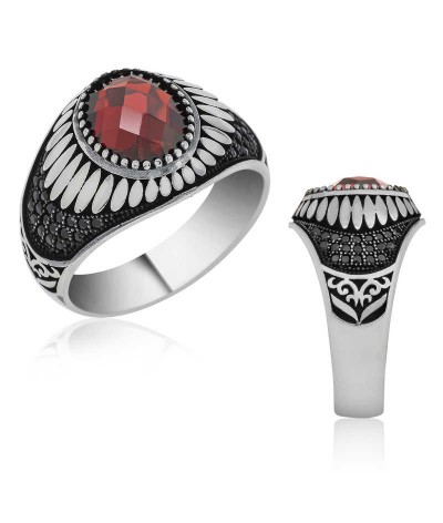 ​Gümüş Kırmızı Zirkon Taşlı Erkek Yüzük