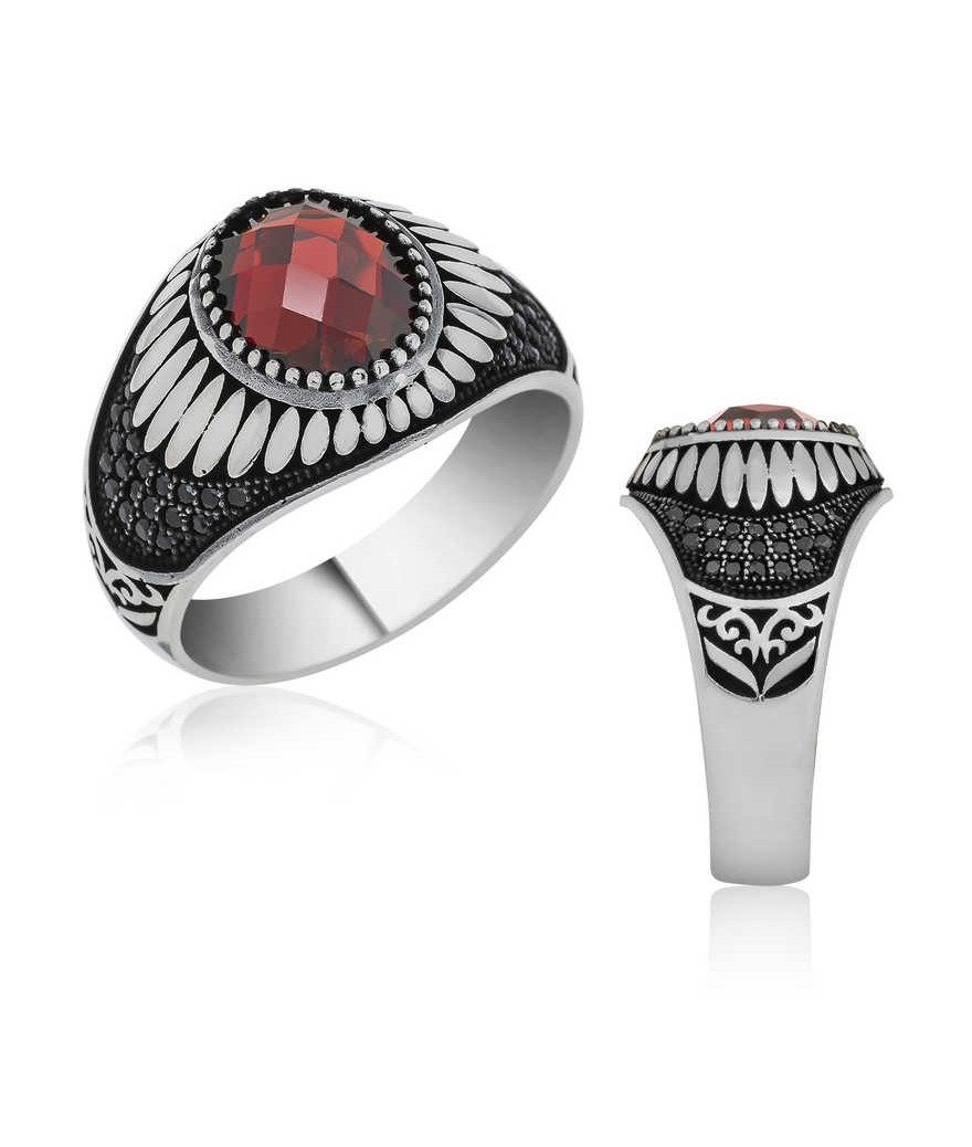 ​Gümüş Kırmızı Zirkon Taşlı Erkek Yüzük