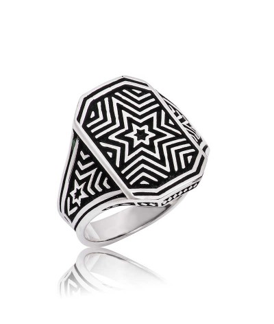 Gümüş Yıldız Desenli Erkek Yüzük