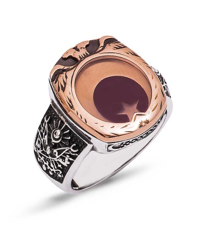 ​Gümüş Çift Başlı Kartal Desenli Ay Yıldız Erkek Yüzük