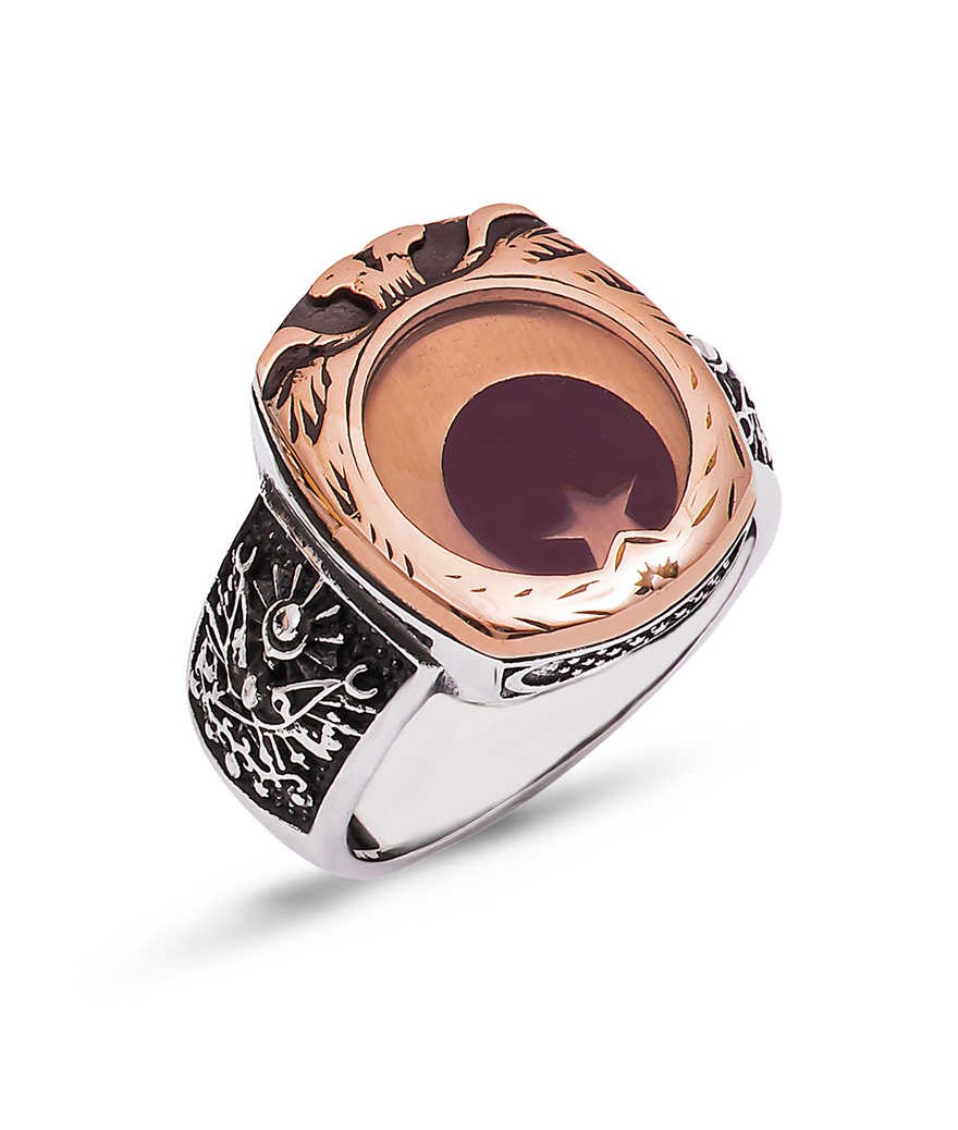 ​Gümüş Çift Başlı Kartal Desenli Ay Yıldız Erkek Yüzük